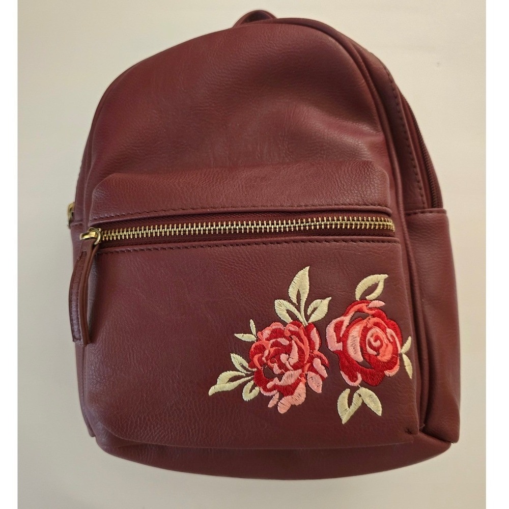Burgundy Faux‎ Leather Mini Backpack Floral Rose Embroidery Gold Hardware Boho